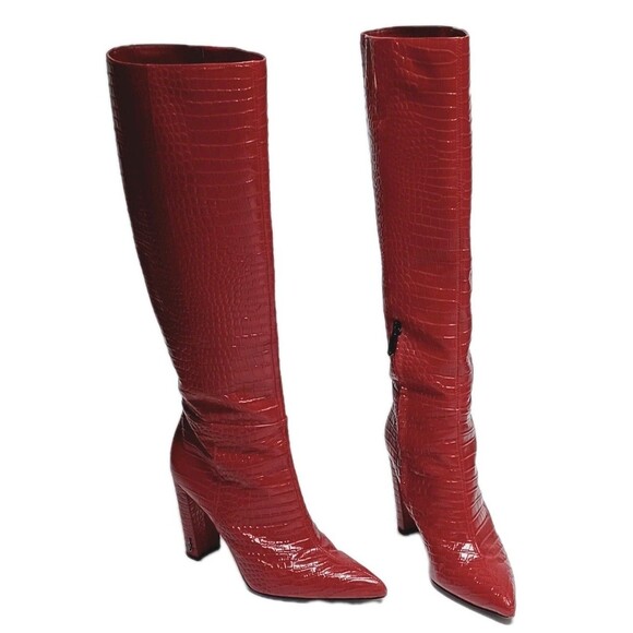 Sam Edelman Raakel Red Leather Croc-embossed Knee-High Boots  7.5 - Picture 1 of 10